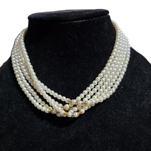 Estate Jewelry - Multi-Strand Pearl Necklace With Gold & Rhinestone Spacers 18"